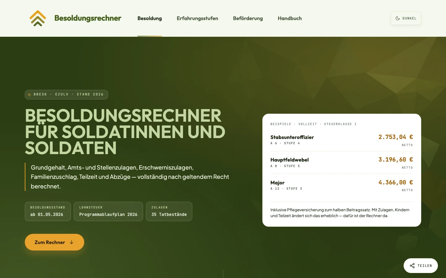 Soldatenbesoldung.de in der Desktop-Ansicht